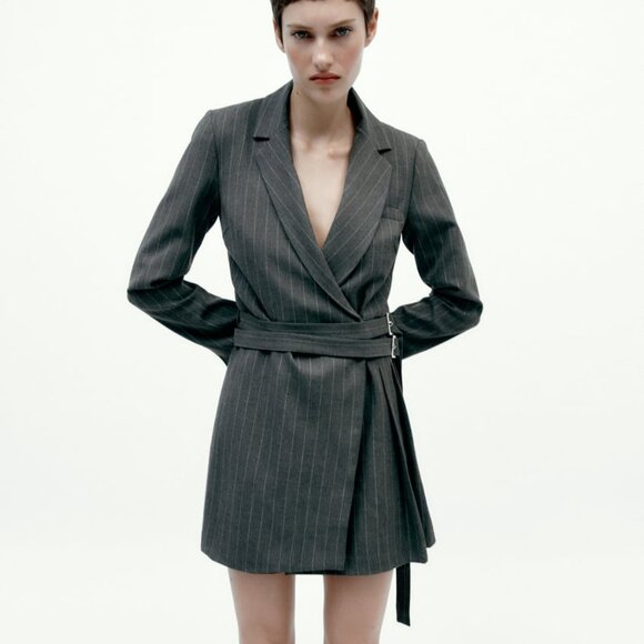 Zara Dresses & Skirts - Zara Pinstripe Belted Mini Pleated Blazer Dress